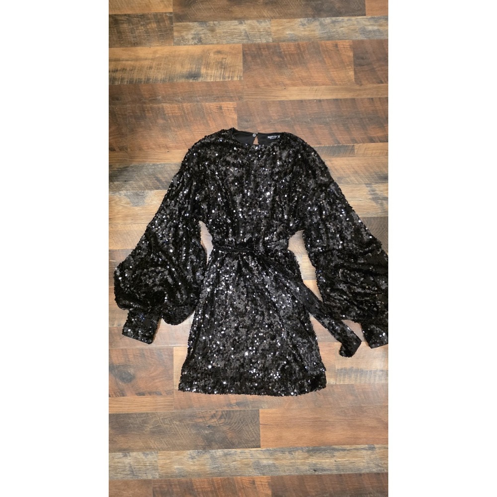 Nasty Gal Collection Black Sequin Balloon Puff Sleeve Tie Front Mini Dress S 0